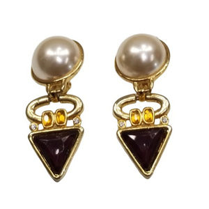 VINTAGE: 80s Pearl & Purple Stone Drop Earrings